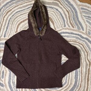 GAP Brown Hooded Cardigan with Faux Fur Trim